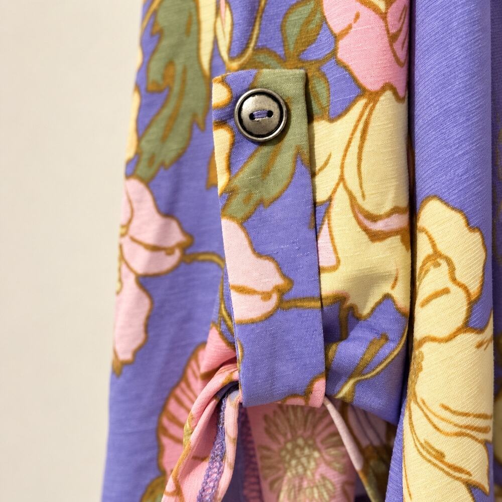Dear Scarlett Floral Tunic Top Womens XL Purple Pink Roll Tab Sleeve NWOT - Picture 2 of 5